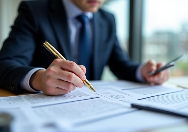 A legal professional reviewing documents in a modern London law office